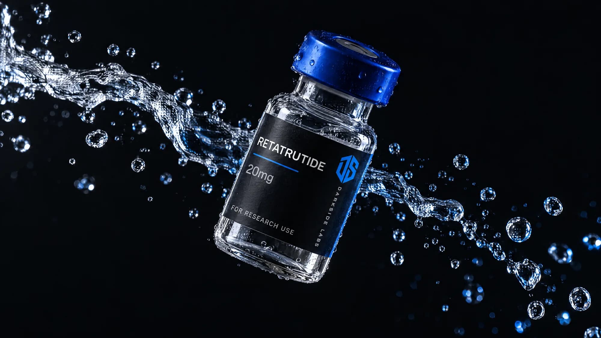 A Darkside Labs vial suspended in a water splash on a black background